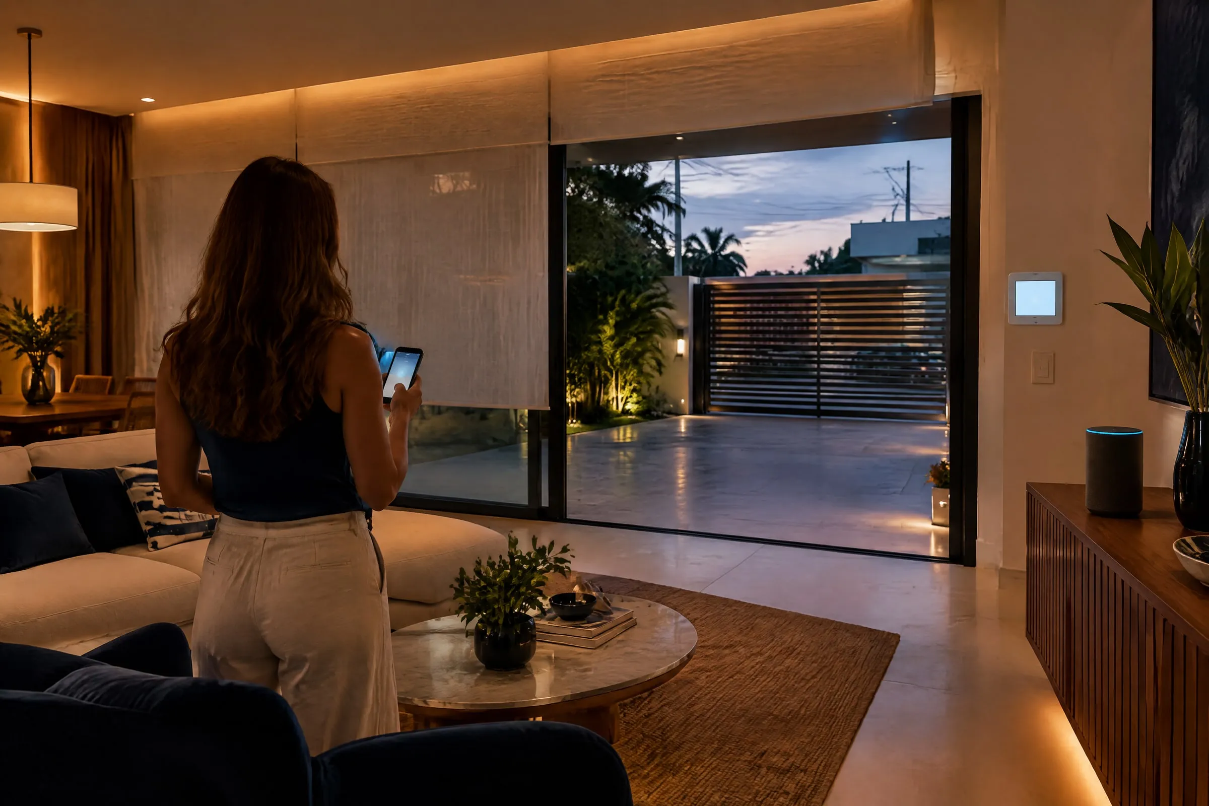 Sala de uma casa com iluminação em cenas, cortinas motorizadas e painel de automação; ao fundo, portão deslizante