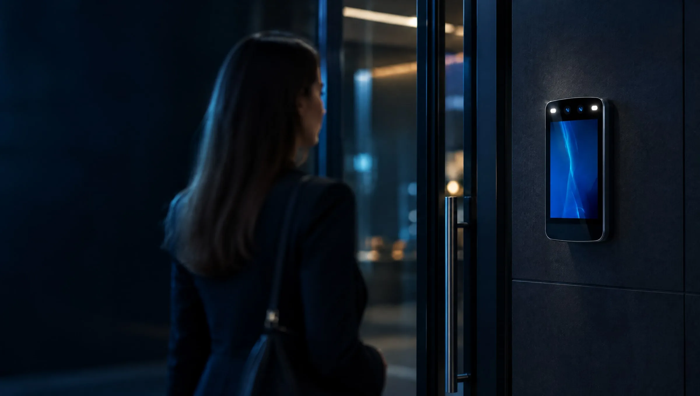 Terminal facial Control iD iDFace Max instalado ao lado de uma porta de vidro escura; uma pessoa se aproxima