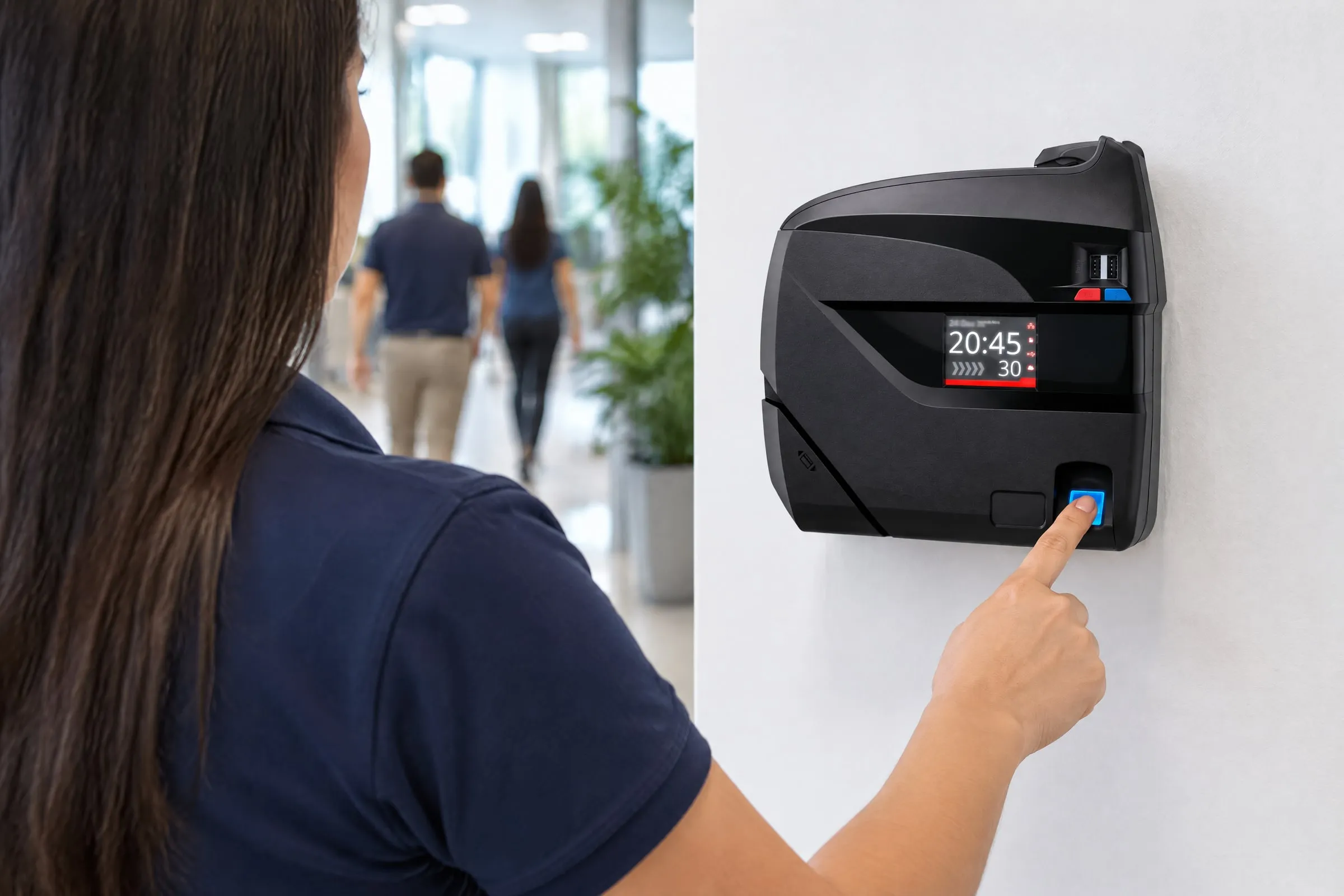 Funcionária registra o ponto com a digital em um relógio Control iD iDClass instalado na parede